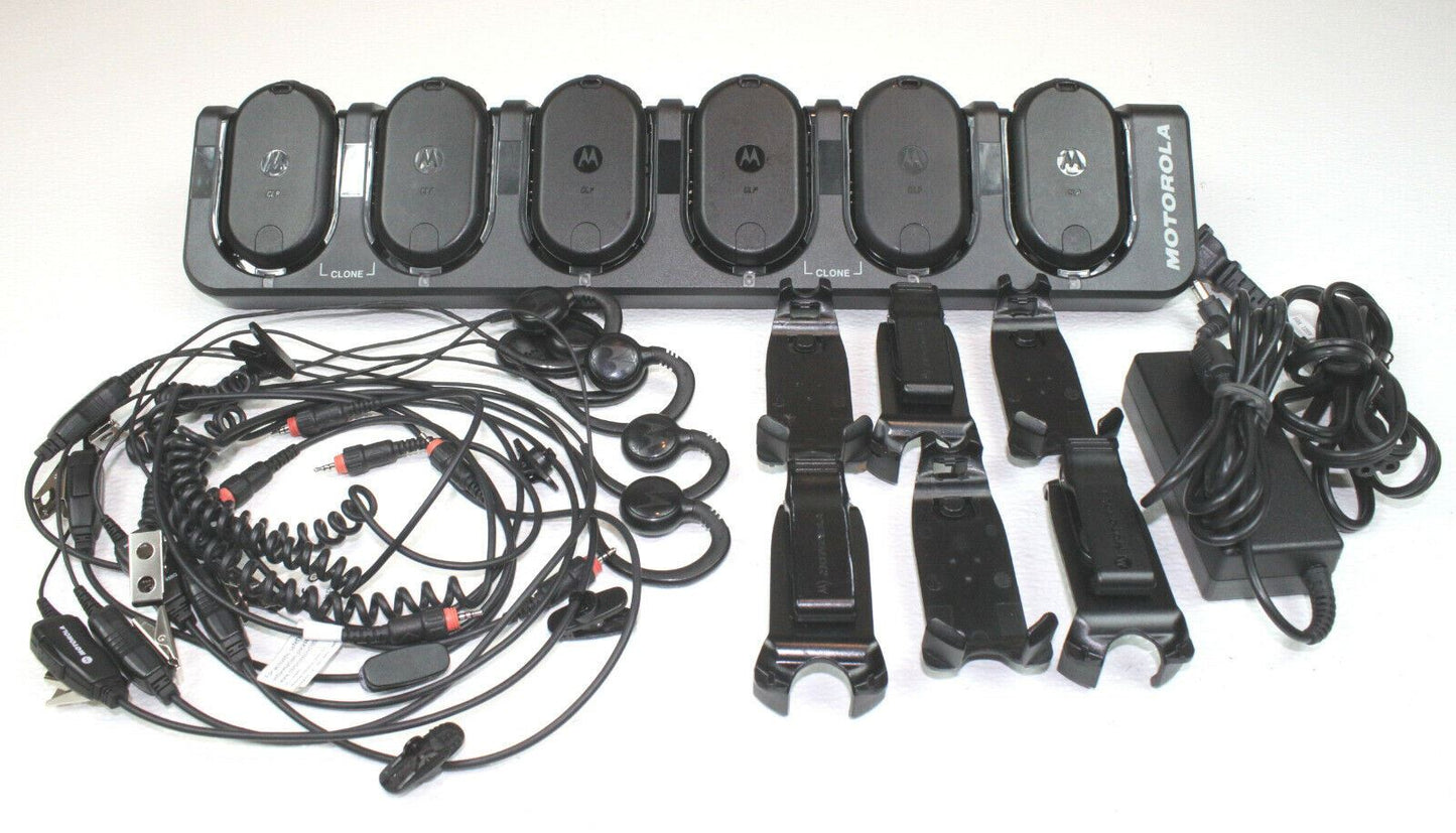 Motorola CLP1040 UHF 4 Ch Radios 6-Pack w/ Bank Charger, Earpieces & Holsters