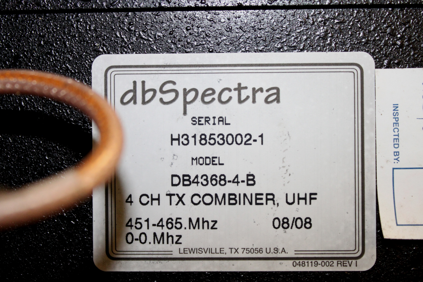 dbSpectra UHF Combiners Model DB4368 450-470 Mhz 150 Watts 2 Channel