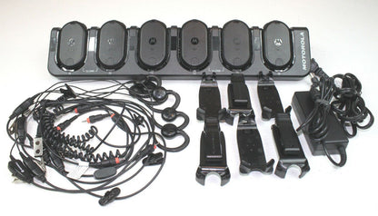 Motorola CLP1040 UHF 4 Ch Radios 6-Pack w/ Bank Charger, Earpieces & Holsters