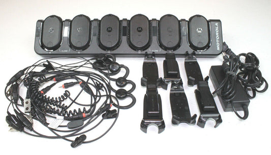 Motorola CLP1040 UHF 4 Ch Radios 6-Pack w/ Bank Charger, Earpieces & Holsters