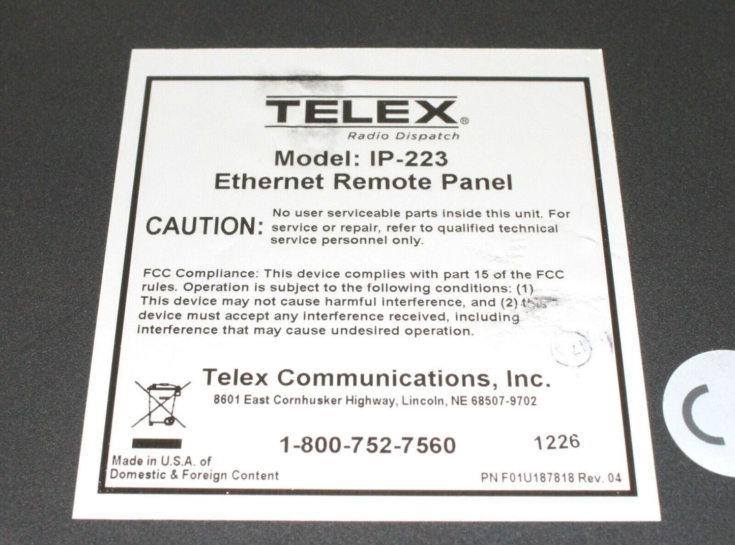 Telex Model IP-223 Ethernet Remote Panel