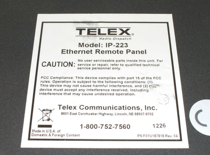 Telex Model IP-223 Ethernet Remote Panel