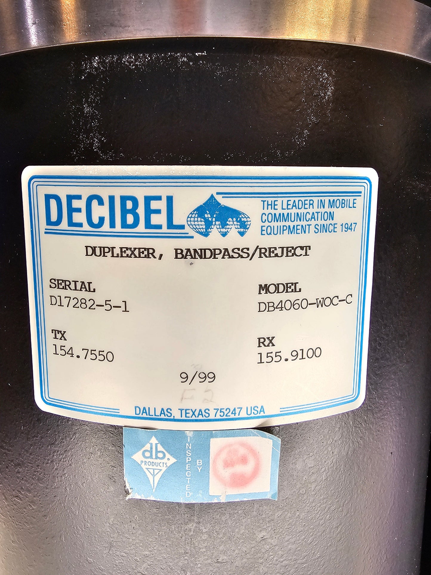 Decibel dbSpectra DB4060-WOC-C Duplexer VHF 136-174 MHz Bandpass Reject 4 Cavity
