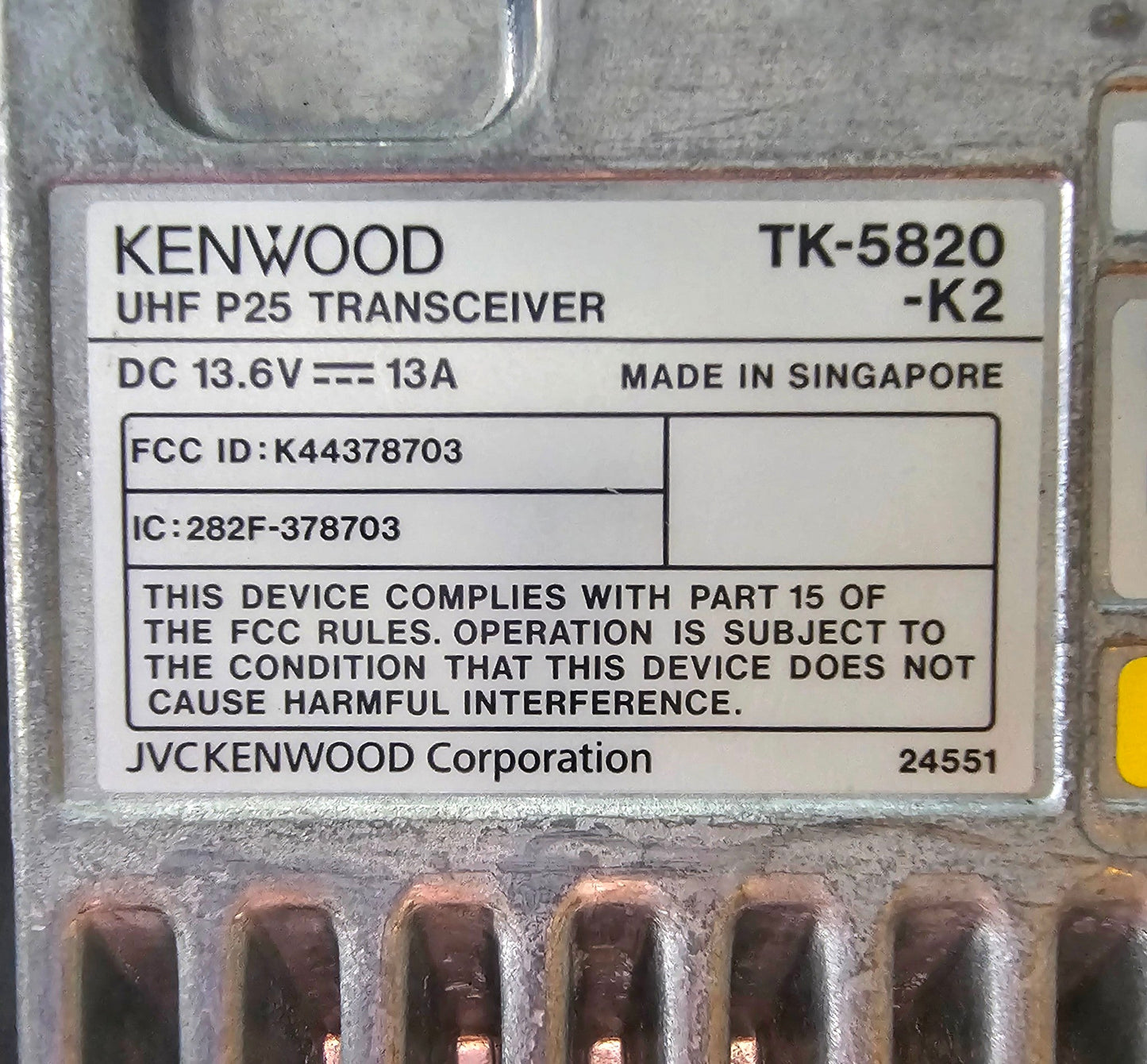 Kenwood TK-5820K2 TK5820K2 UHF 400-470 MHz 512 Channels 40 Watt P25 Mobile Radio