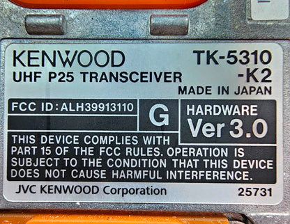 Kenwood TK5310GK2 TK-5310G-K2 Ver 3.0 UHF 450-520 MHz 1024 Channel 4 Watt P25