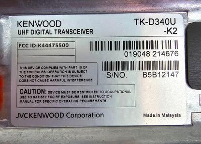 Kenwood TK-D340U-K2 UHF 400-470 MHz 4 Watt 16 Channel (DMR/Analog)