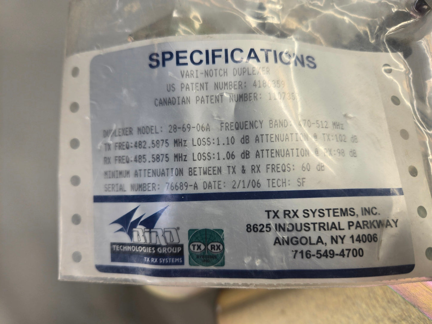 Bird TXRX VARI-NOTCH 4-INCH CAVITY DUPLEXER 470-512 MHz (28-69-06A)