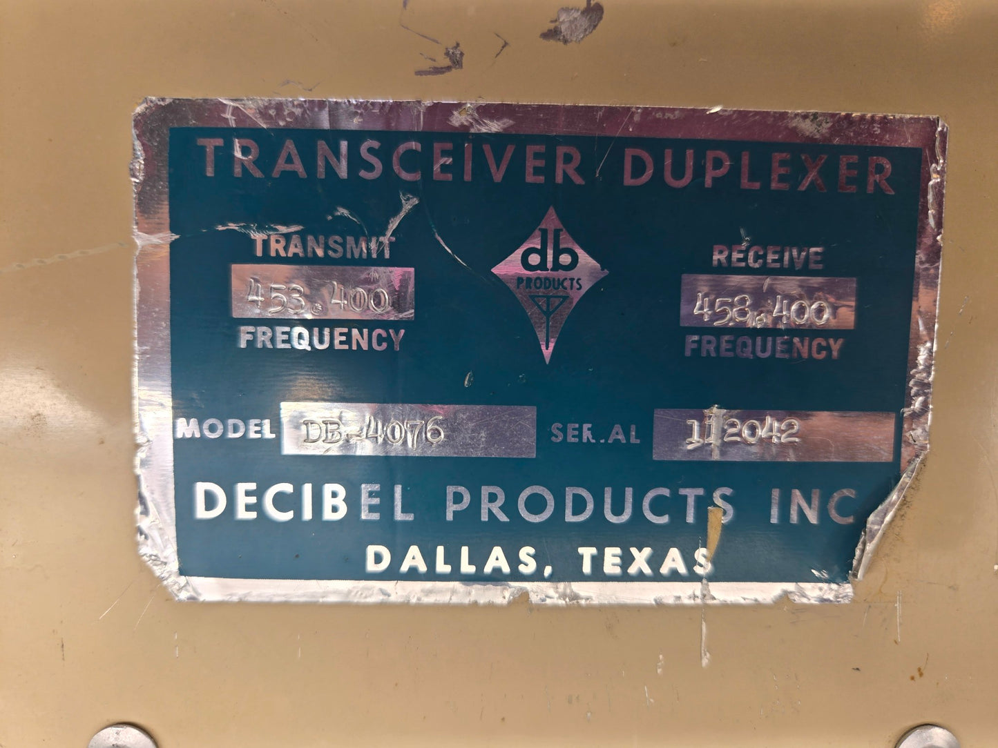 DECIBEL PRODUCTS INC TRANSCEIVER DUPLEXER 450-470 MHz (DB-4076)