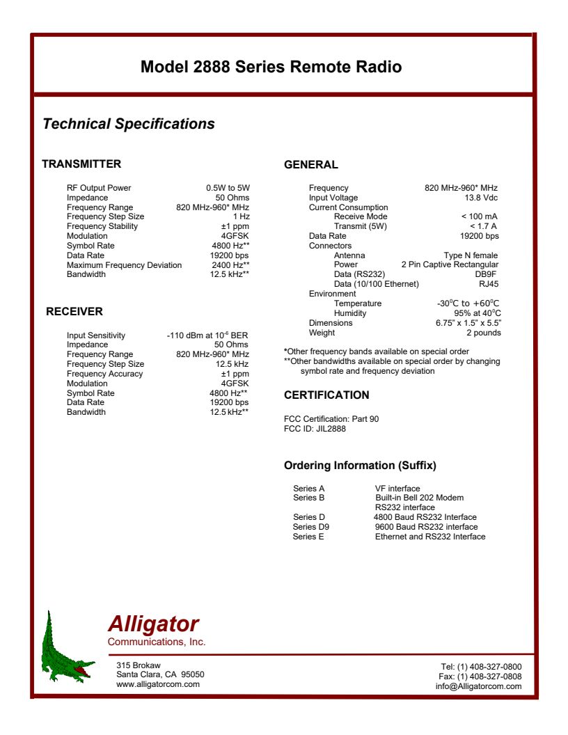 ALLIGATOR DATA TRANSPORT RADIO 2888A w/ Bell 202 Modem