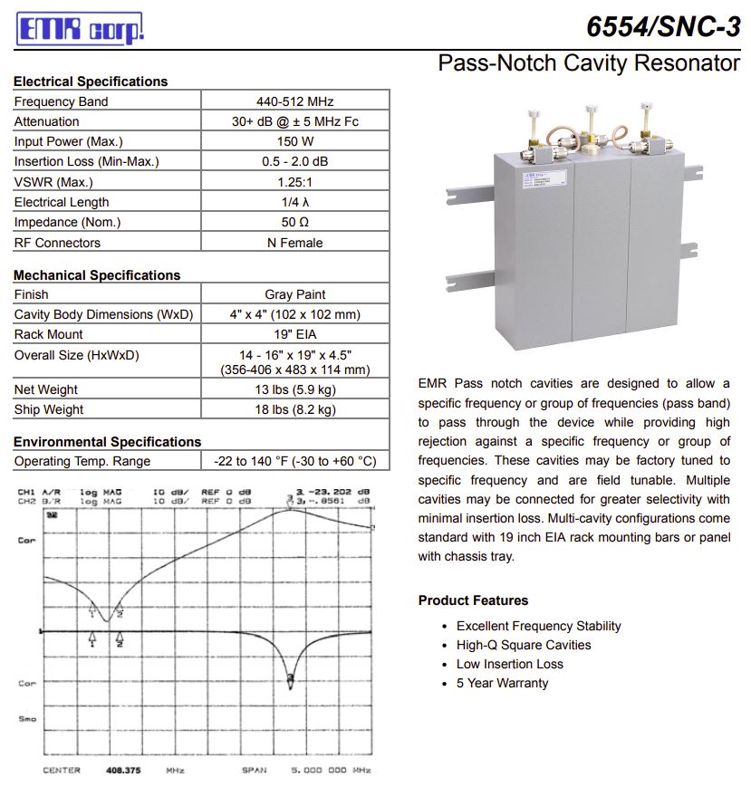 EMR 6554-SNC-3 (440-512MHz) 3-Cavity Pass-Notch Filter