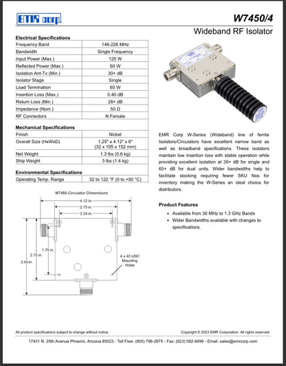 EMR W64544-SL1-1 VHF Iso-Plexer with Single-Stage Isolator