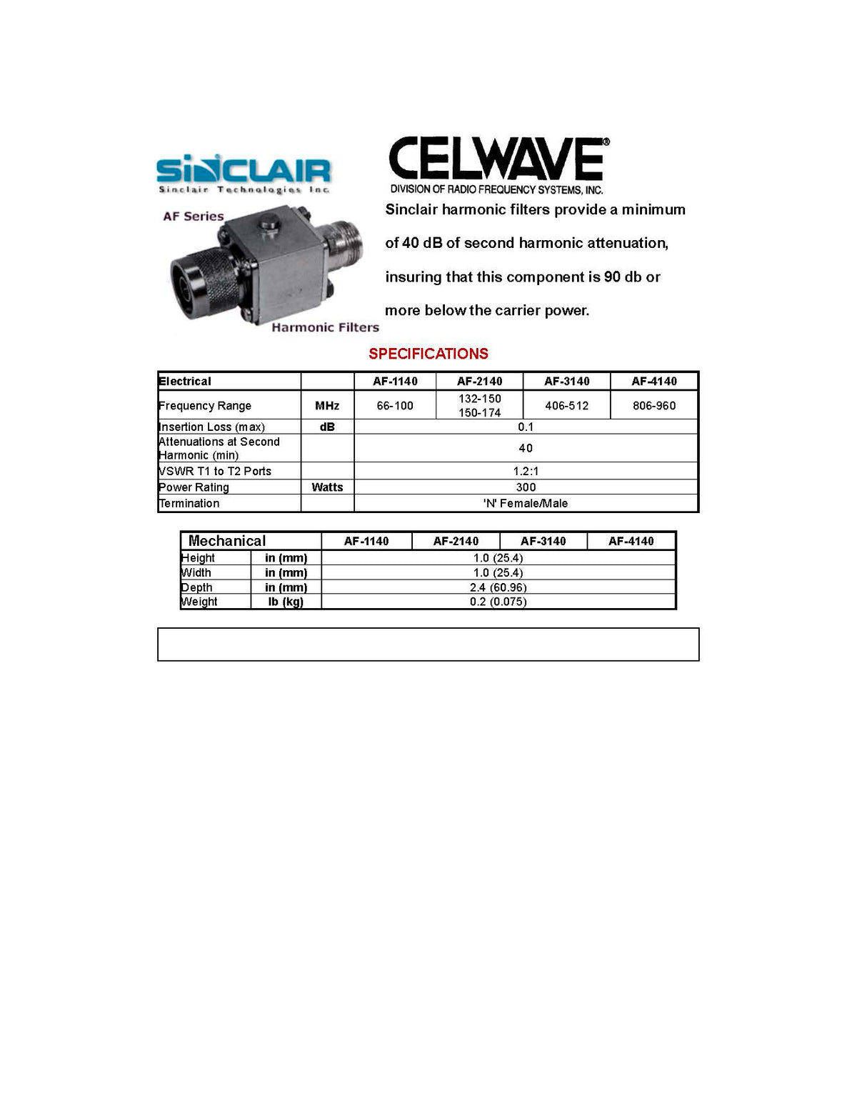 Celwave AF-4140 (806-960 MHz) Harmonic Filter