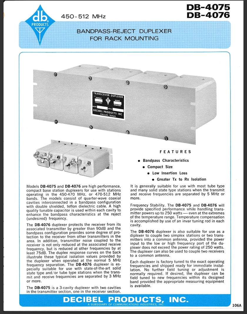 DECIBEL PRODUCTS INC TRANSCEIVER DUPLEXER 450-470 MHz (DB-4076)