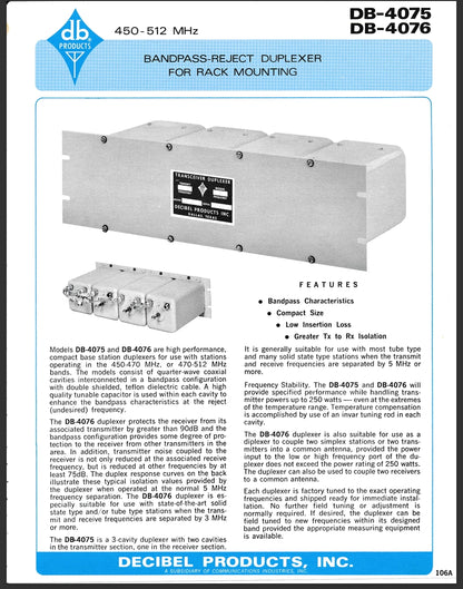 DECIBEL PRODUCTS INC TRANSCEIVER DUPLEXER 450-470 MHz (DB-4076)