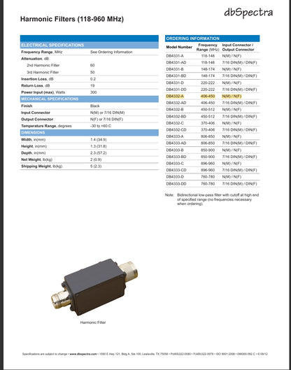 Decibel DB4332-A (406-512 MHz) Harmonic Filter