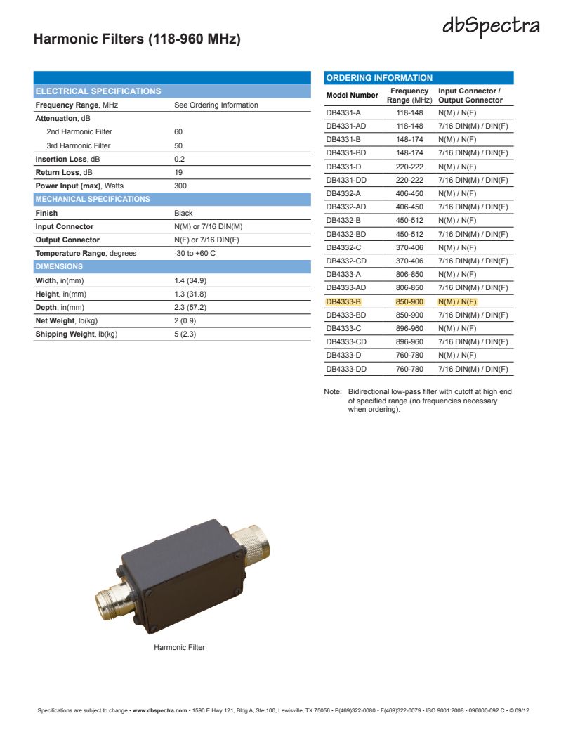Decibel DB4333-B (850-900MHz) Harmonic Filter