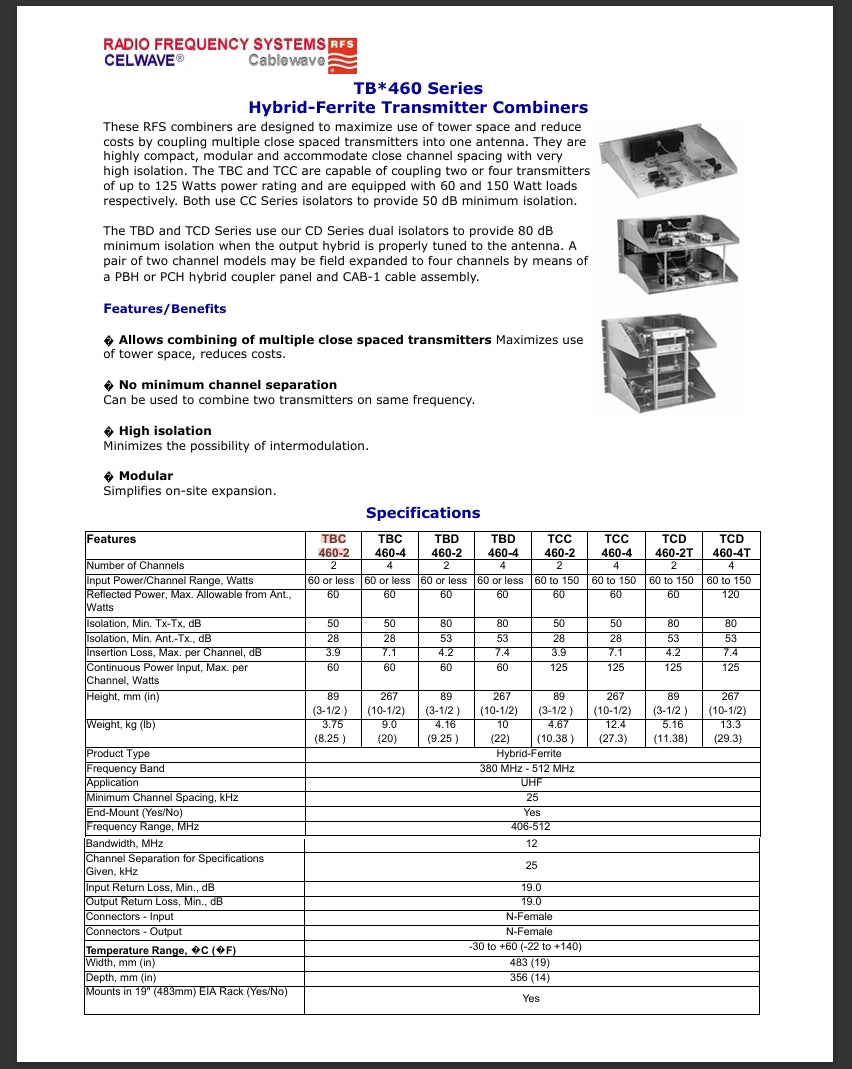 RFS CELWAVE THD-460-2 2CH UHF HYBRID COMBINER