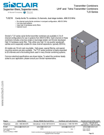 Sinclair TJ3216 - 6 Channel Transmit Combiner - 7" Ferrite -Cavity with dual-stage isolator, UHF (406-512MHz)