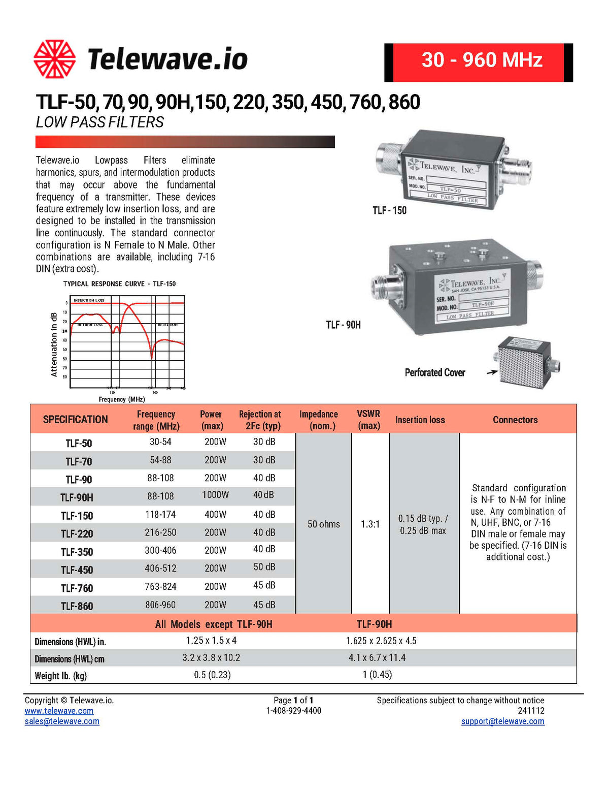Telewave TLF-450,860,900 (406-512 MHz, 806-960 MHz) Low Pass Filter