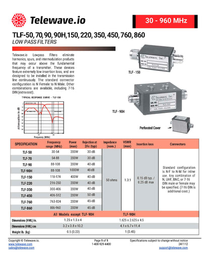 Telewave TLF-450,860,900 (406-512 MHz, 806-960 MHz) Low Pass Filter