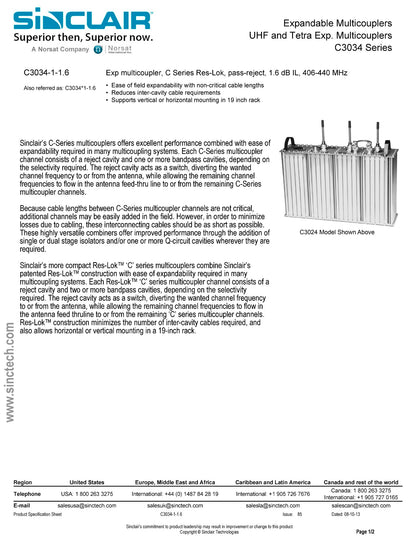 SINCLAIR EXPANDABLE MULTICOUPLER 403-440Mhz (C3034-1-1.6)