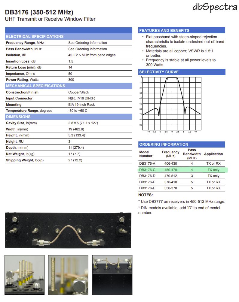 dbSpectra DB3176-C (450-470 MHz) Transmit Window Filter