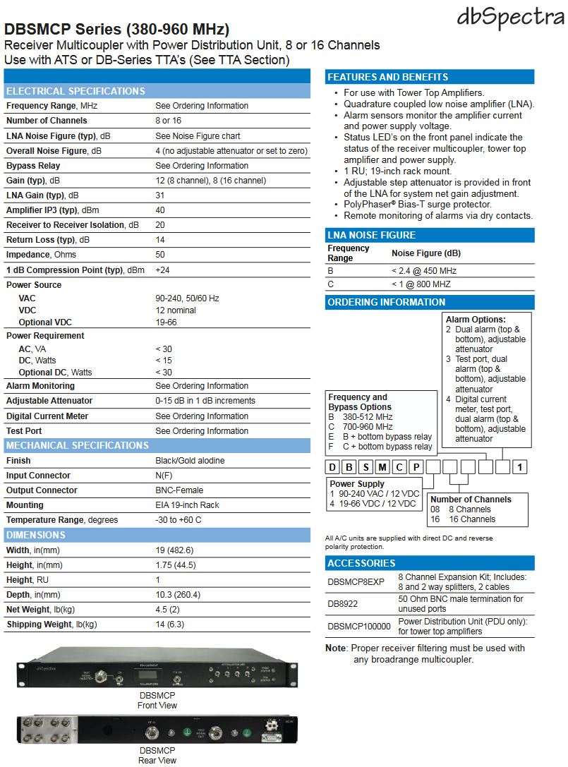 DB SPECTRA DBSMCP Series RX MULTICOUPLER 380-512Mhz (DBSMCP116B21)