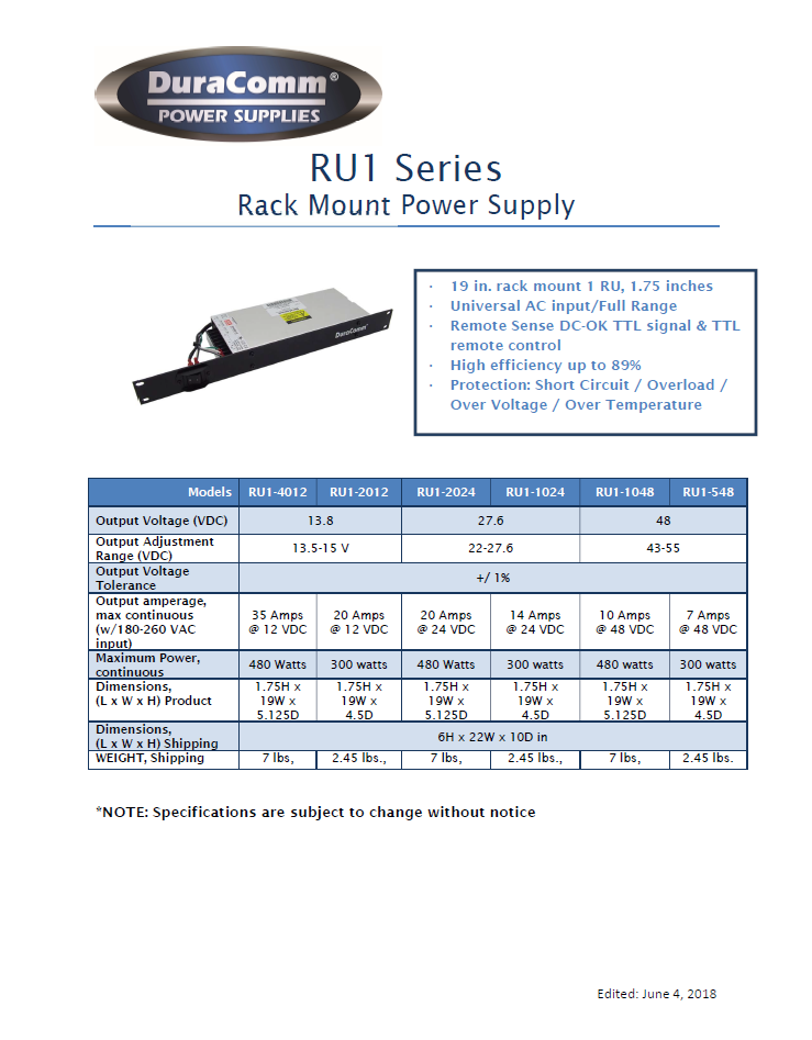 Duracomm RU1 Series Rack Mount Power Supply 13.8 VDC (P-600-13.8)