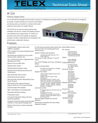 TELEX IP-224 Dual IP Remote Adapter Panel w/ Power Adapter