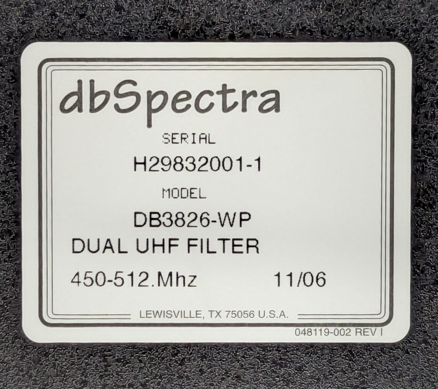 DB3826 (450-512 MHz) UHF Dual Receive Window Filter