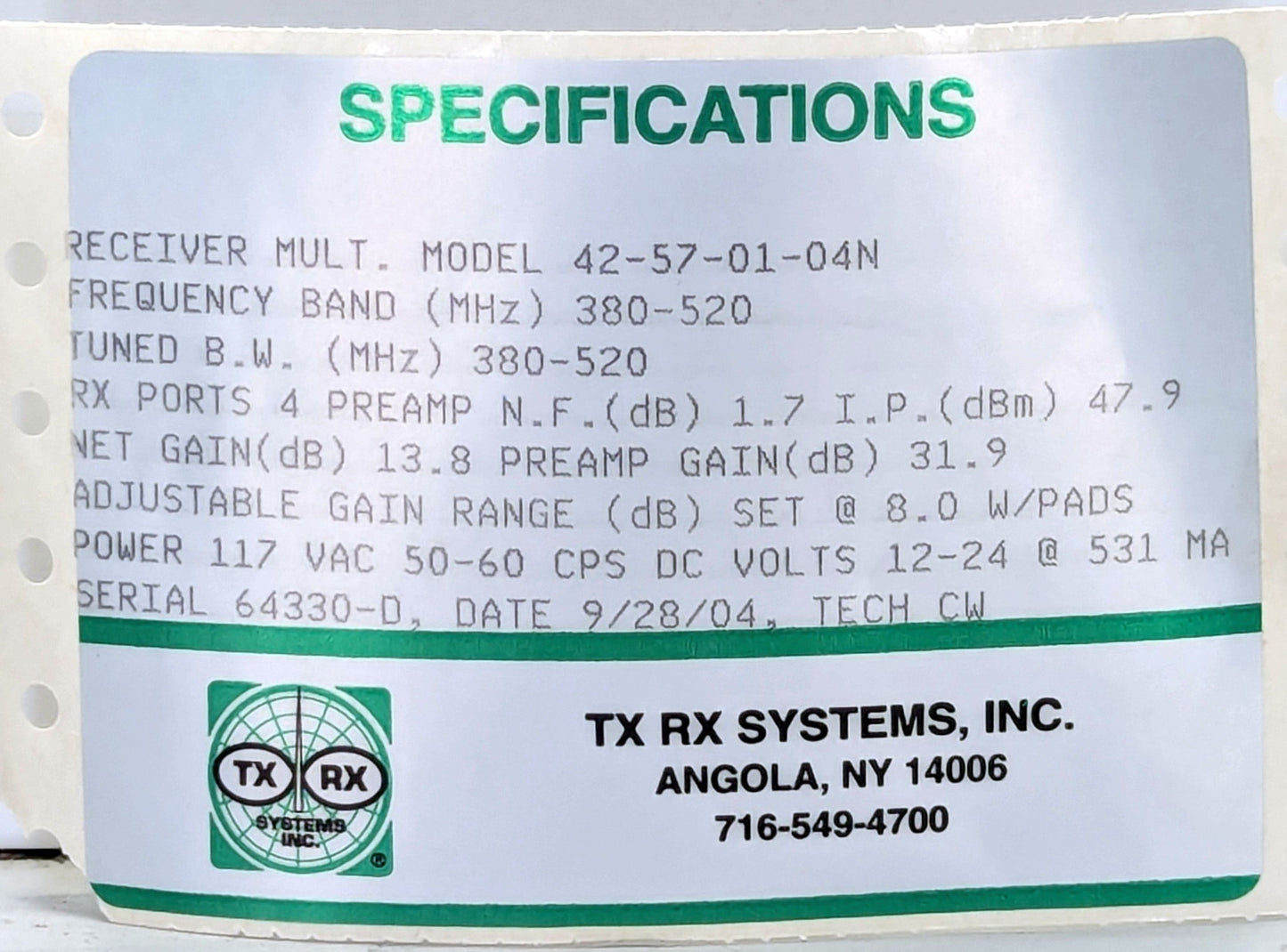 BTG TX RX SYSTEMS MULTICOUPLER (42-57-01-04N) 380–520 MHz