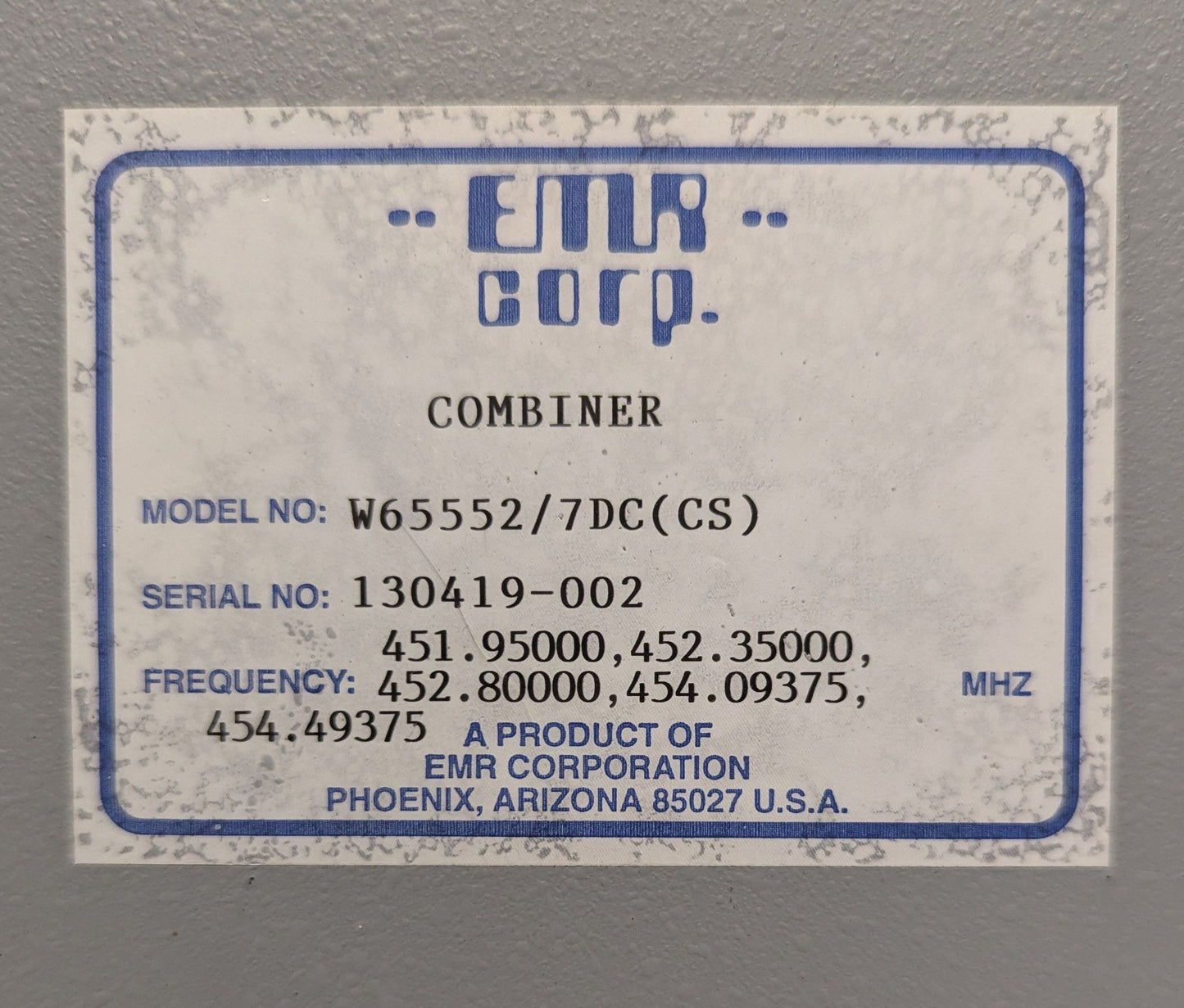 EMR W65552-7DC (CS) DUAL RESONATOR 5 CH UHF Transmit Combiner