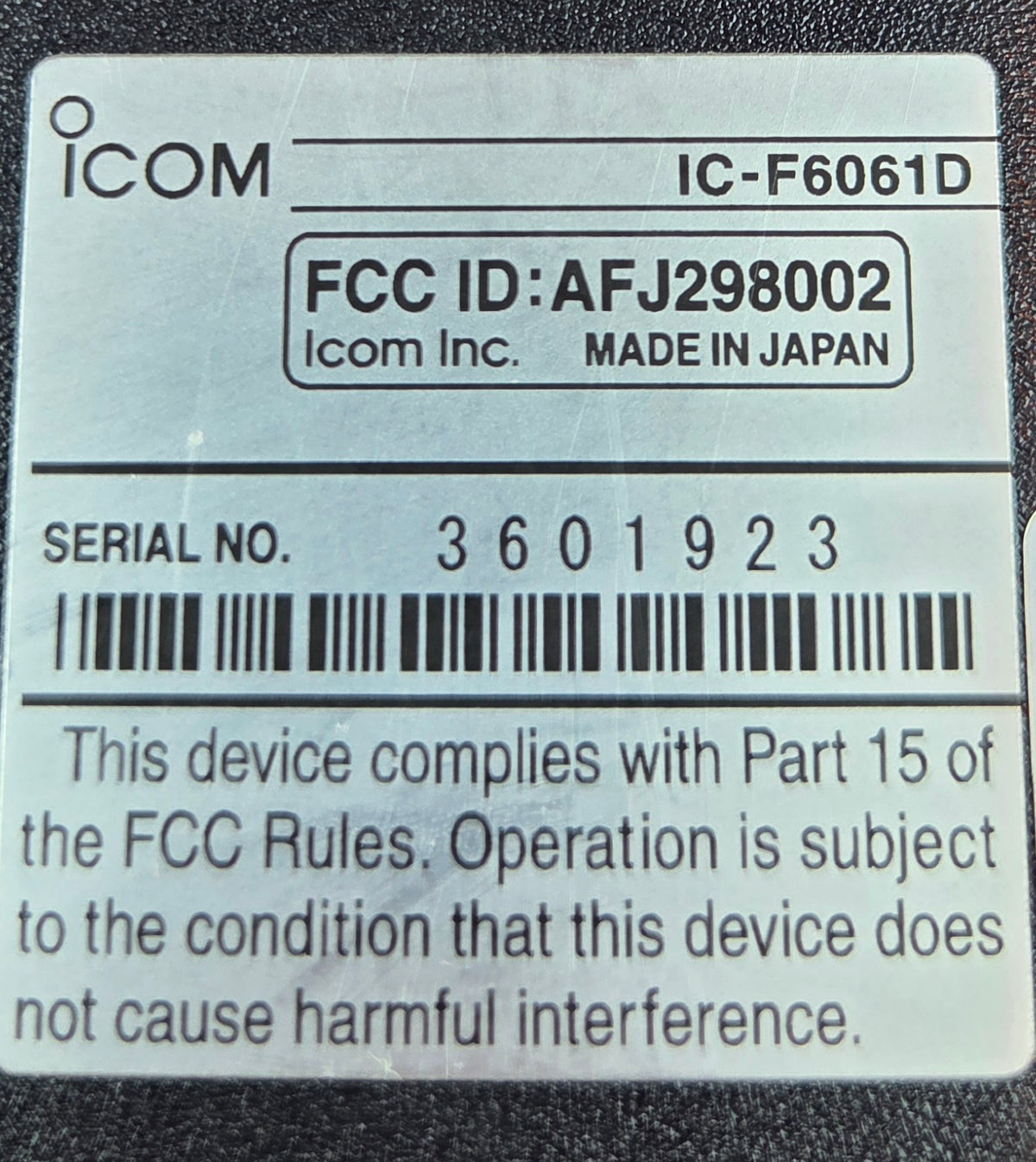 Icom Mobile IC-F6061D 61 AFJ298002 UHF 400-470 Mhz 512ch 45W Display