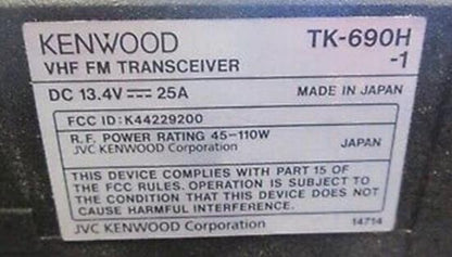 Kenwood TK690H-1 TK-690H-1 Lowband VHF 110 Watts 29-37 MHz Advanced Remote Mount