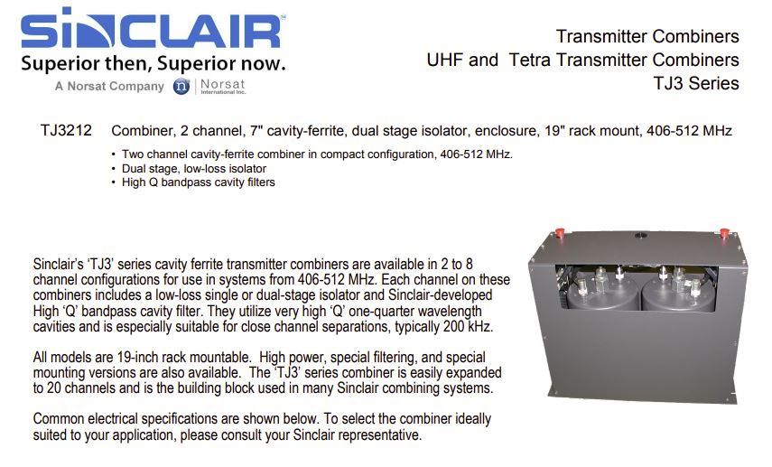 Sinclair TJ3212-2 channel Combiner-7" Cavity-Ferrite with dual stage isolator