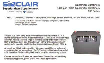 Sinclair TJ3212-2 channel Combiner-7" Cavity-Ferrite with dual stage isolator