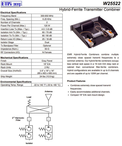 EMR W25522/4SB DUAL 2CH HYBRID COMBINER w/BAND PASS FILTERS